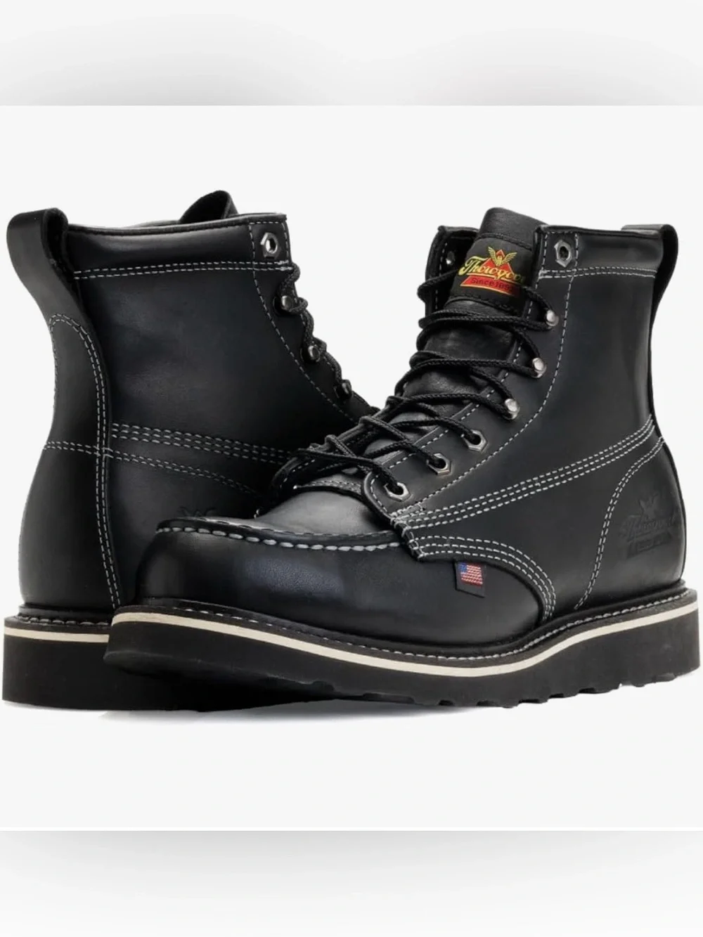 Thorogood American-Made Black Work Boots with Moc Toe and Durable Outsole